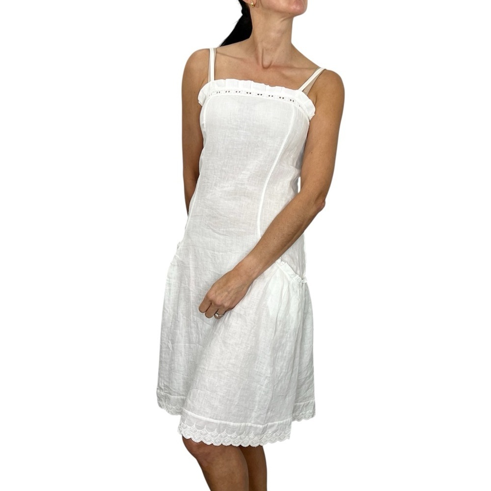 Classic minimalist white linen eyelet lace embroidered summer sun dress